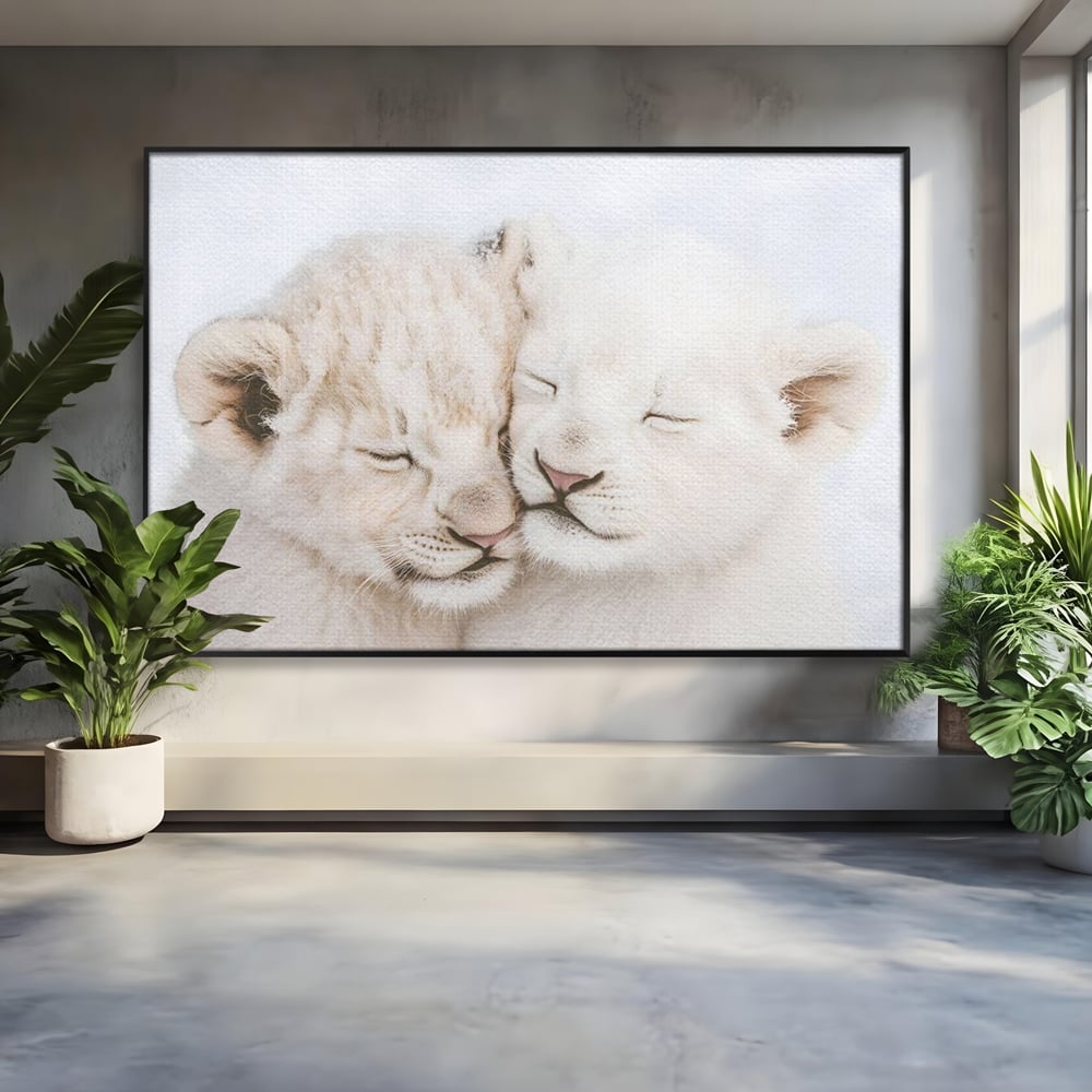 Tablou canvas cu doi pui de leu dormind imbratisati, in rama de aluminiu negru